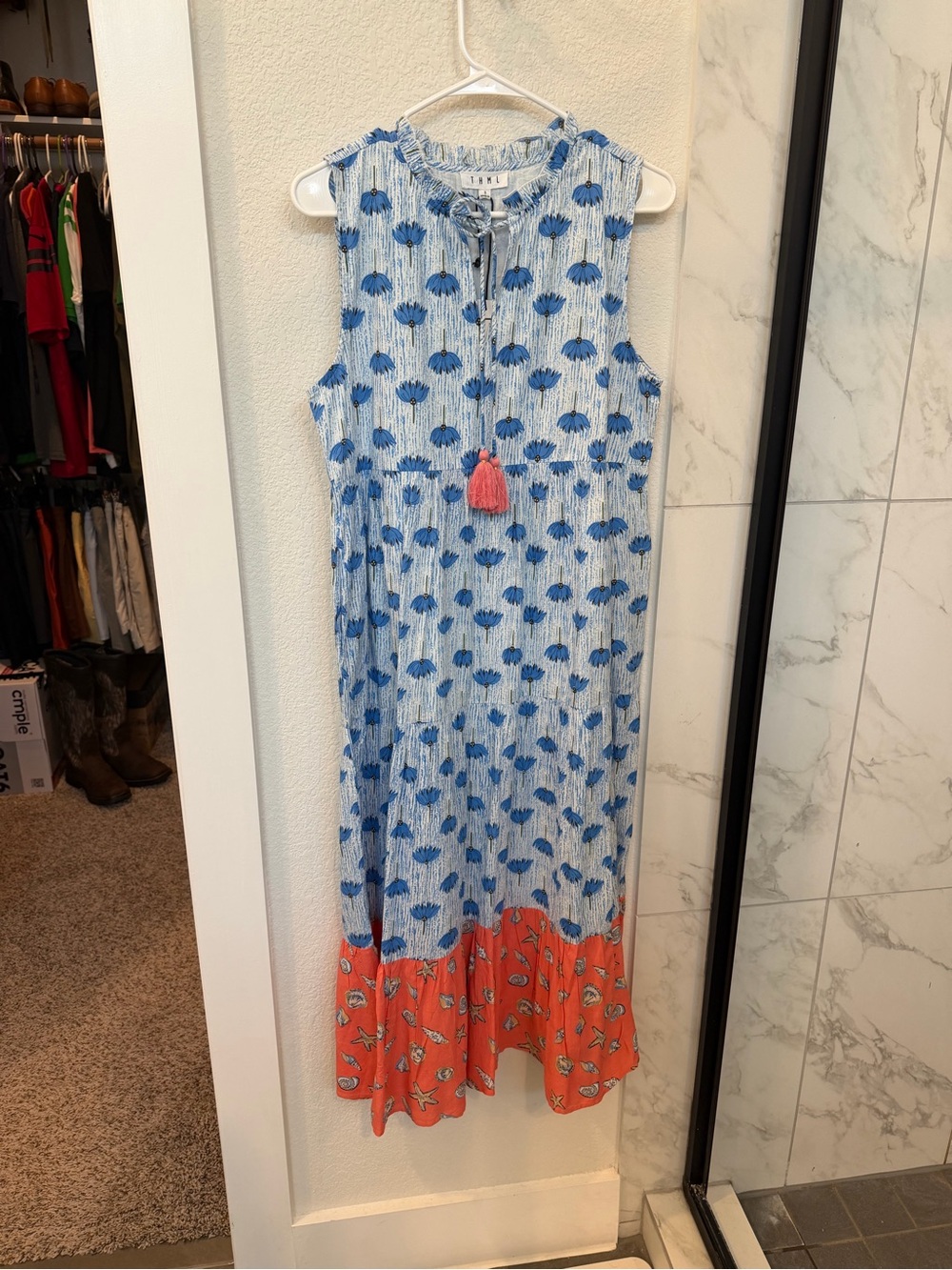 THML Blue & Coral Sleeveless Midi Dress with Tassel Tie